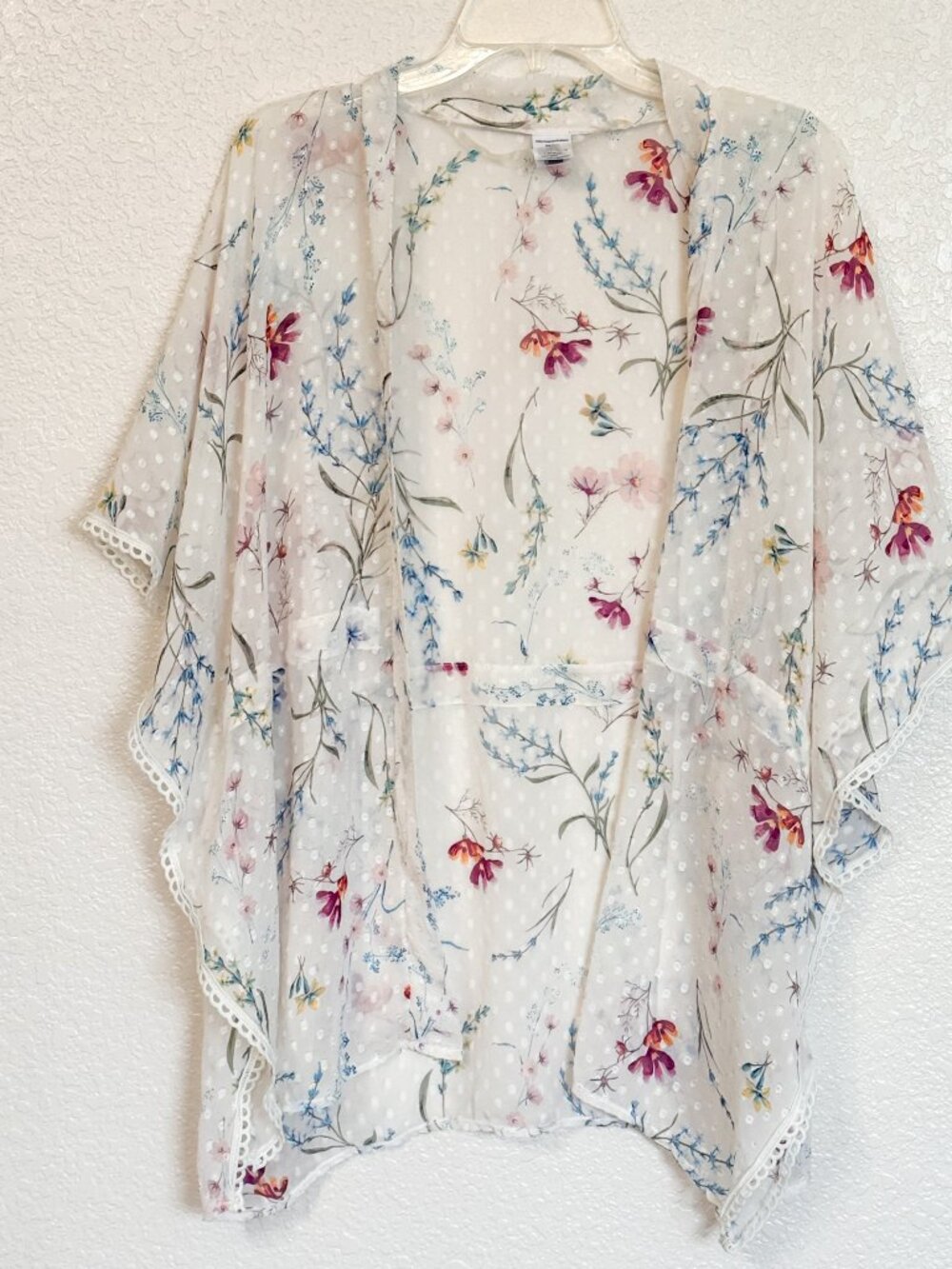 Sheer Dotted Floral Kimono Cover-up L/XL Lace Trim Lightweight Swim Beach Layer